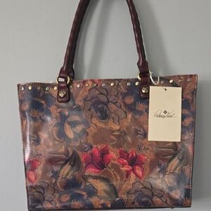 Patricia Nash Brown Leather Tote with Red & Blue Floral Print